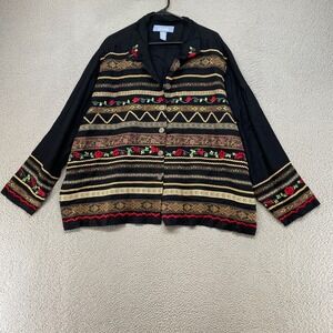 Liz & Me Jacket Womens 3X Striped Holiday Ribbon Metallic Tapestry Holiday Black